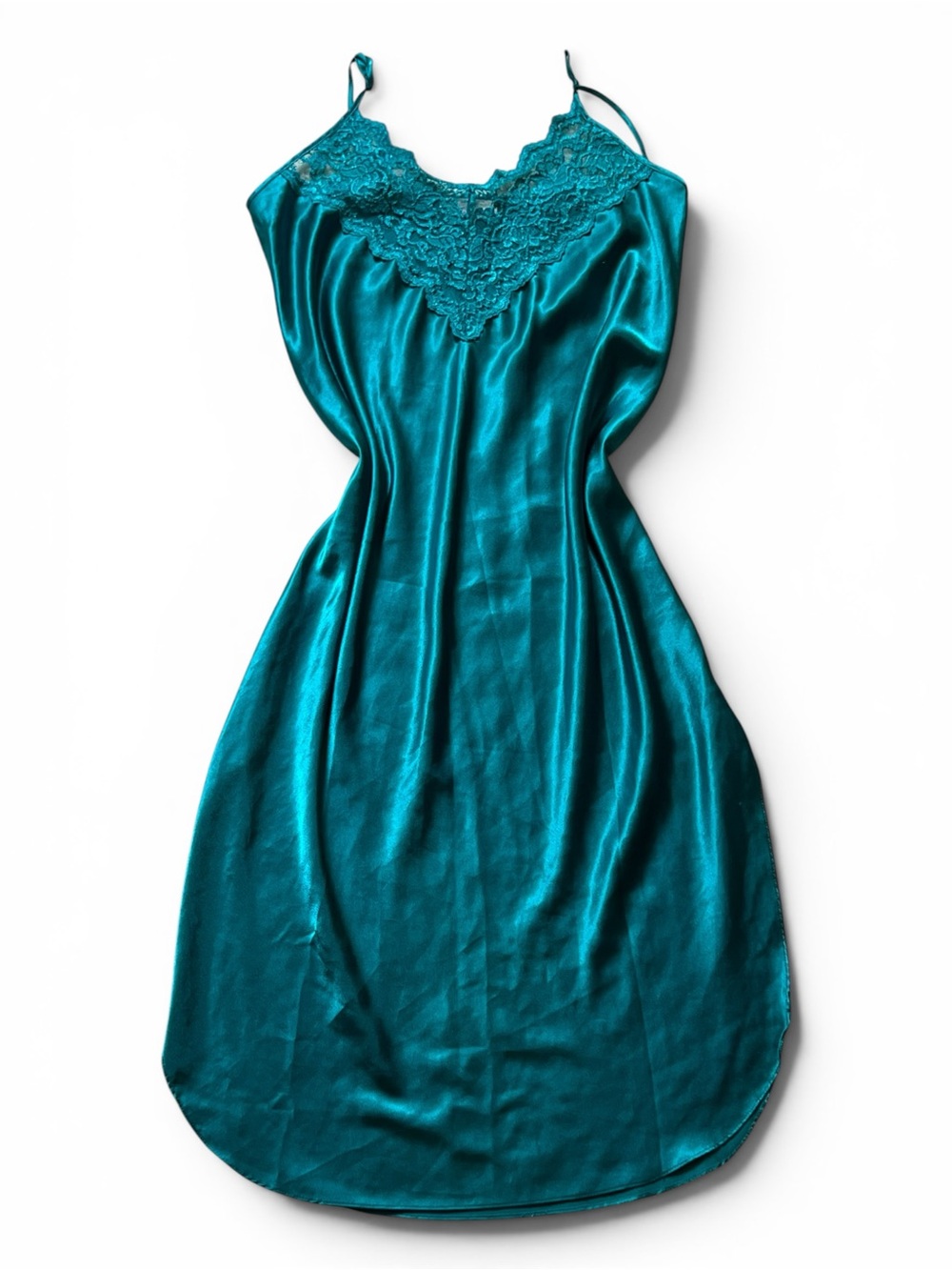 Vintage Dentelle Emerald Green Satin Lace Chemise Slip Dress Nightgown M